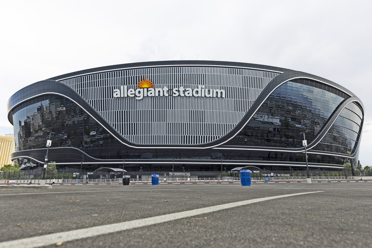 A view of Allegiant Stadium from the parking lot.
